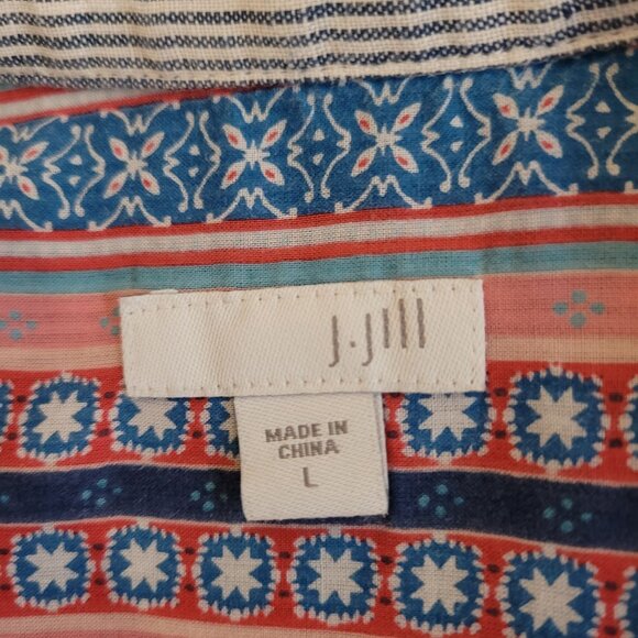 J.Jill Womens Striped Linen Blend Button-Up Short Sleeve Shirt With Floral & Geo - Picture 13 of 16